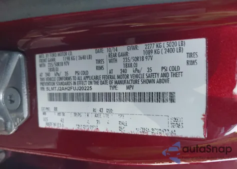 2015 Lincoln Mkc из США, поврежденный, VIN 5LMTJ2AH2FUJ20225